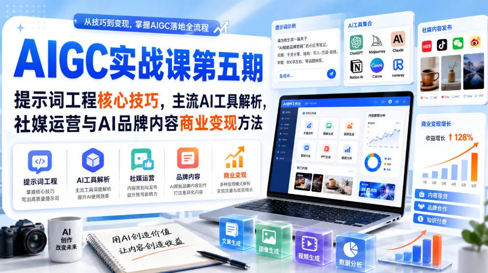 刺猬星球·AIGC实战课第五期，提示词工程核心技巧，主流AI工具解析，社媒运营与AI品牌内容商业变现方法-续财库