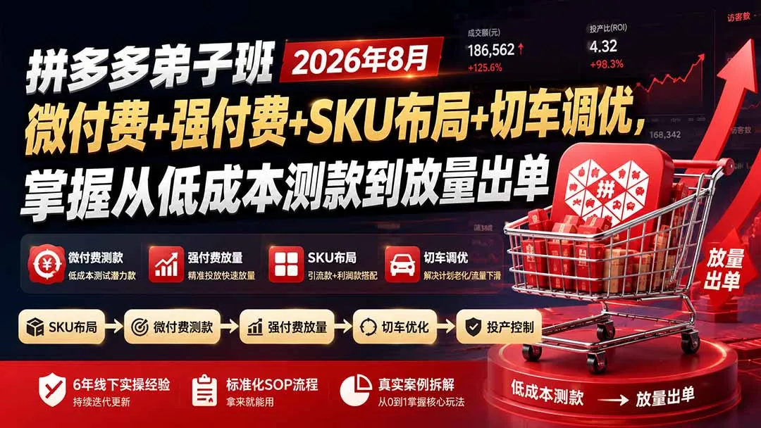 拼多多弟子班2026年8月:微付费+强付费+SKU布局+切车调优,掌握从低成本测款到放量出单-续财库