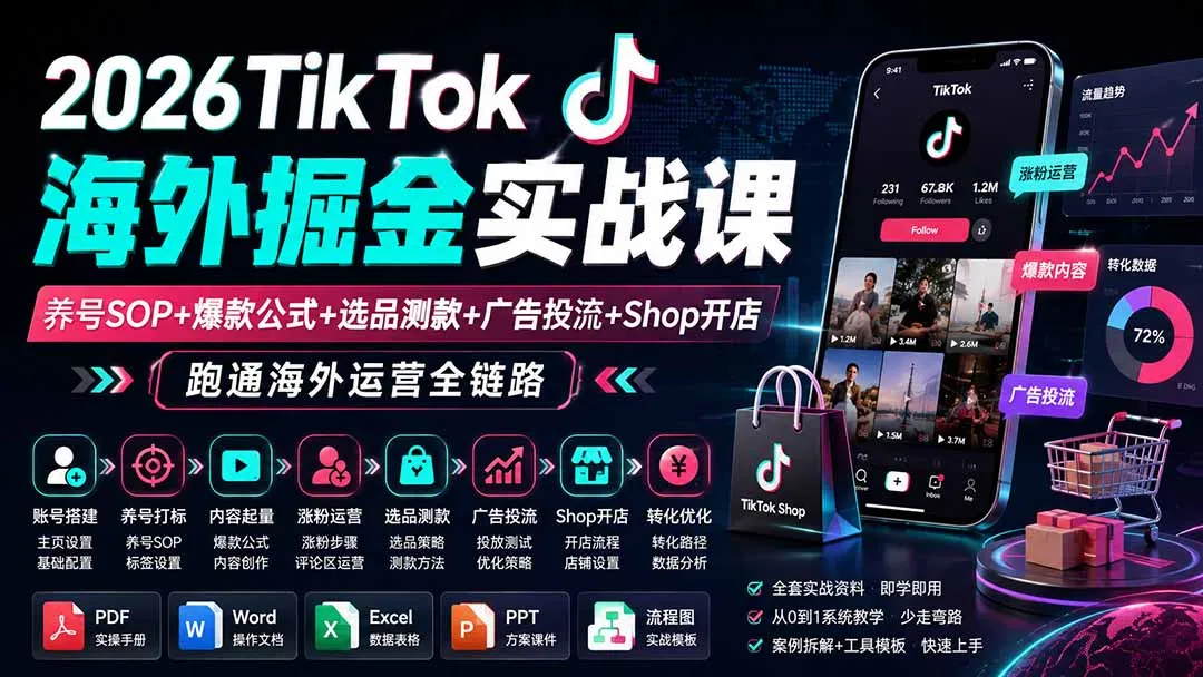 2026TikTok海外掘金实战课——养号SOP+爆款公式+选品测款+广告投流+Shop开店,跑通海外运营全链路-续财库