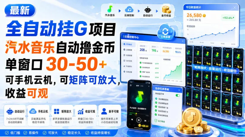 最新全自动挂G项目,汽水音乐自动撸金币单窗口30-50+,可手机云机,可矩阵可放大,收益可观-续财库