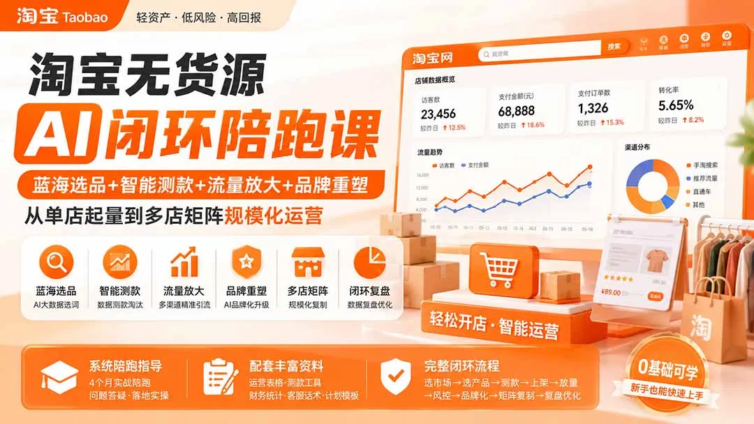 淘宝无货源AI闭环陪跑课：蓝海选品+智能测款+流量放大+品牌重塑，从单店起量到多店矩阵规模化运营-续财库