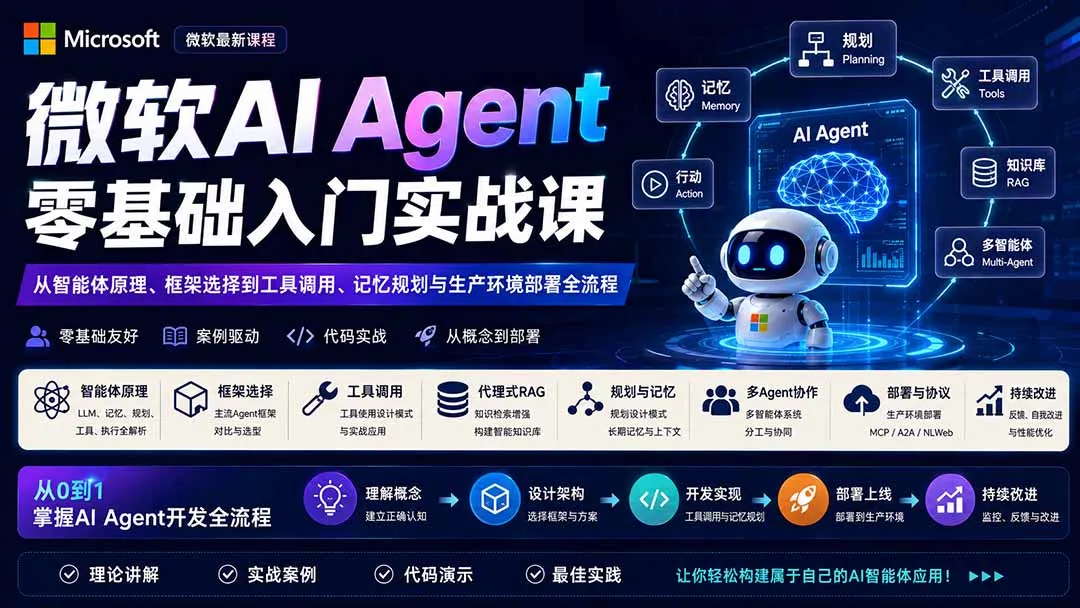微软AI Agent零基础入门实战课：从智能体原理、框架选择到工具调用、记忆规划与生产环境部署全流程-续财库