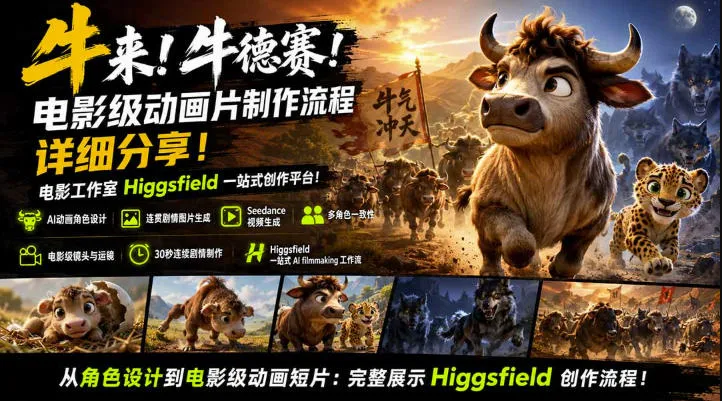 牛来！牛德赛！电影级动画片制作流程详细分享！电影工作室Higgsfield一站式创作平台，完整创作流程-续财库
