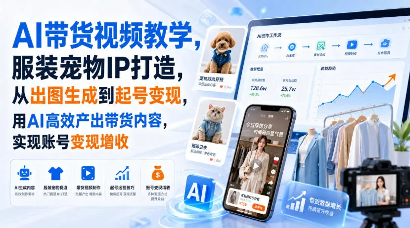 AI带货视频教学，服装宠物IP打造，从出图生成到起号变现，用AI高效产出带货内容，实现账号变现增收-续财库