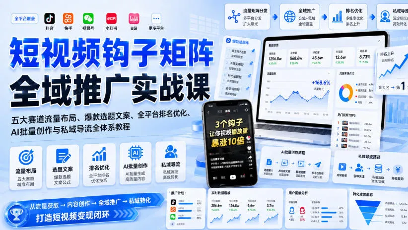 短视频钩子矩阵全域推广实战课|五大赛道流量布局、爆款选题文案、全平台排名优化、AI批量创作与私域导流全体系教程-续财库