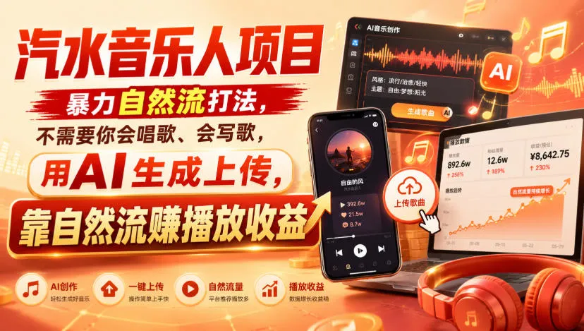 汽水音乐人项目,暴力自然流打法,不需要你会唱歌、会写歌,用AI生成上传,靠自然流賺播放收益-续财库