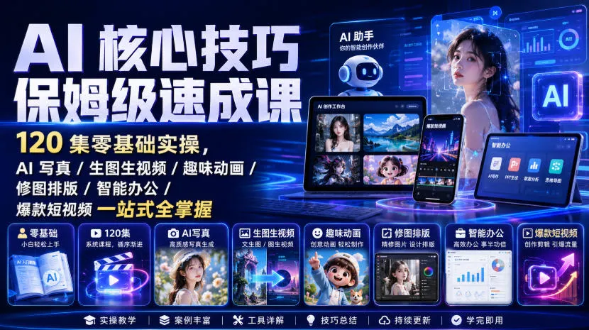 AI核心技巧保姆级速成课|120集零基础实操,AI写真/生图生视频/趣味动画/修图排版/智能办公/爆款短视频一站式全掌握(更新)-续财库