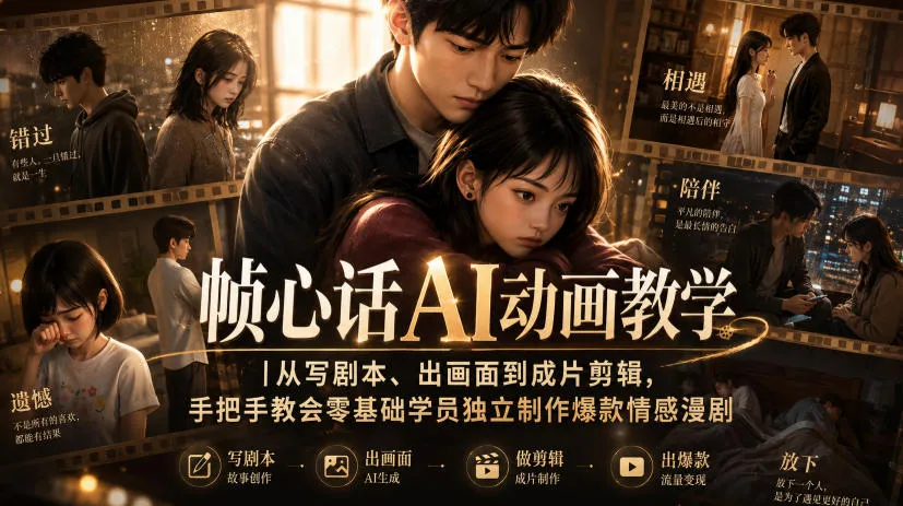 帧心话AI动画教学|从写剧本、出画面到成片剪辑,手把手教会零基础学员独立制作爆款情感漫剧-续财库