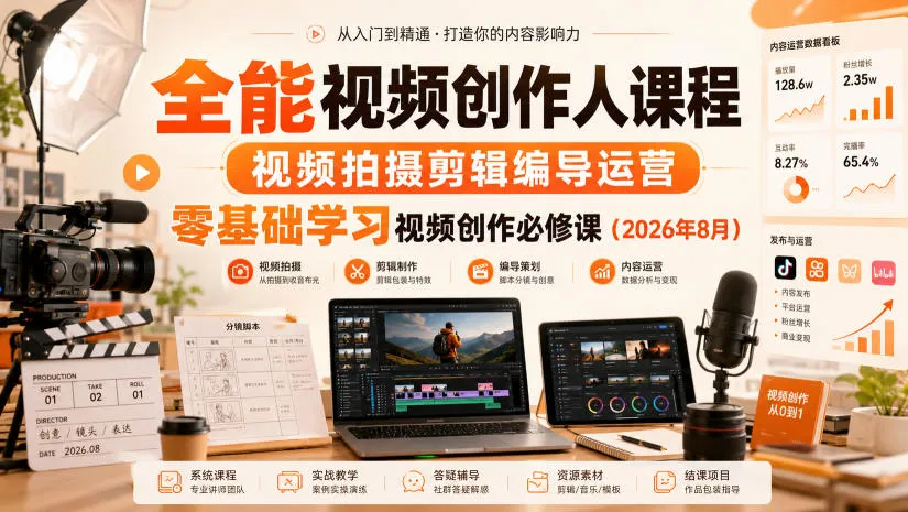 全能视频创作人课程，视频拍摄剪辑编导运营，零基础学习视频创作必修课(2026年8月)-续财库