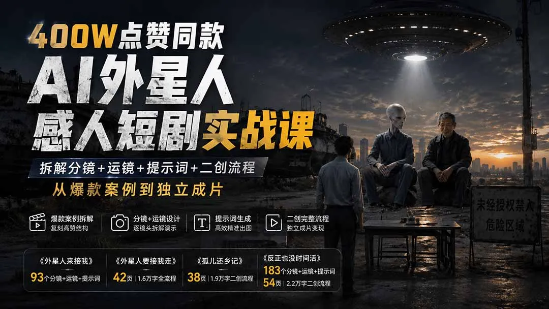 400W点赞同款AI外星人感人短剧实战课:拆解分镜+运镜+提示词+二创流程,从爆款案例到独立成片-续财库