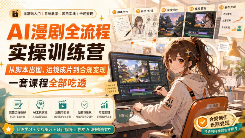 AI漫剧全流程实操训练营,从脚本出图、运镜成片到合规变现,一套课程全部吃透-续财库