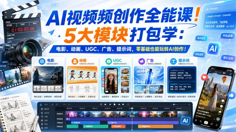 AI视频频创作全能课！5大模块打包学：电影、动画、UGC、广告、提示词，零基础也能玩转AI创作！【原创双语字幕】-续财库