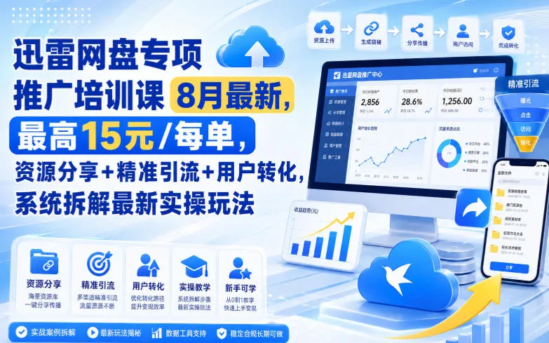 迅雷网盘专项推广培训课8月最新，最高15米/每单，资源分享+精准引流+用户转化，系统拆解最新实操玩法(更新0824)-续财库