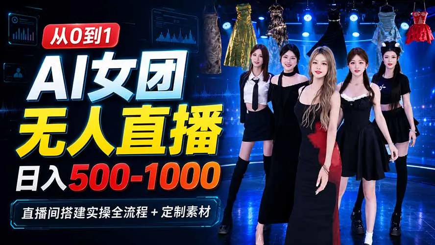 AI 女团无人直播，躺入500-1000每天，直播间搭建实操全流程+定制素材-续财库