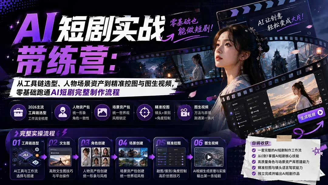 AI短剧实战训练营：从工具链选型、人物场景资产到精准控图与图生视频，零基础跑通AI短剧完整制作流程-续财库