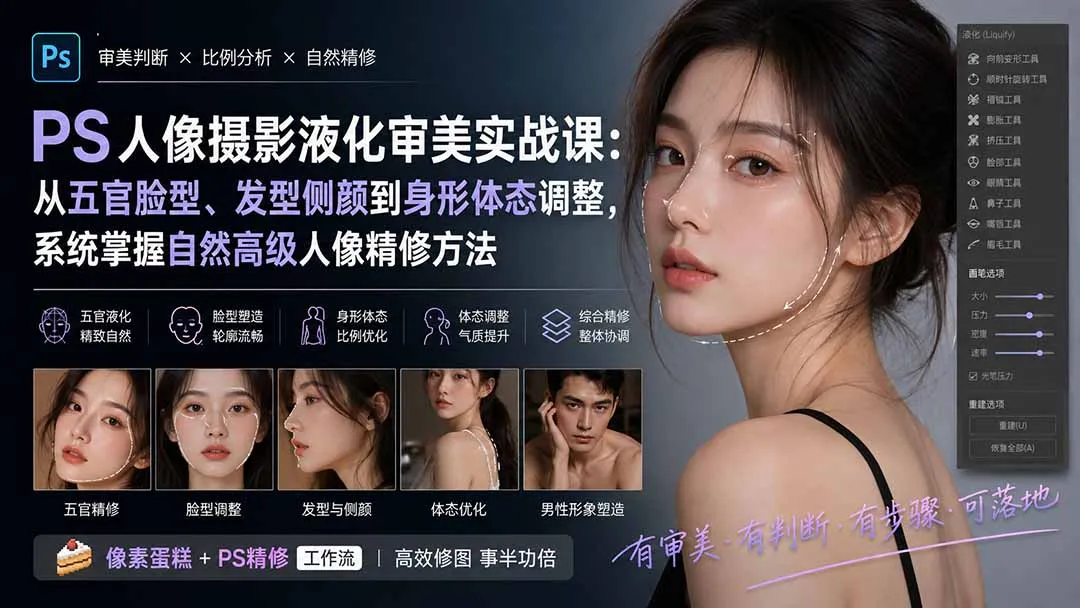 PS人像摄影液化审美实战课：从五官脸型、发型侧颜到身形体态调整，系统掌握自然高级人像精修方法-续财库