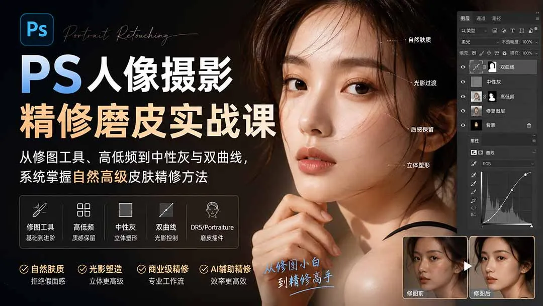 PS人像摄影精修磨皮实战课:从修图工具、高低频到中性灰与双曲线,系统掌握自然高级皮肤精修方法-续财库