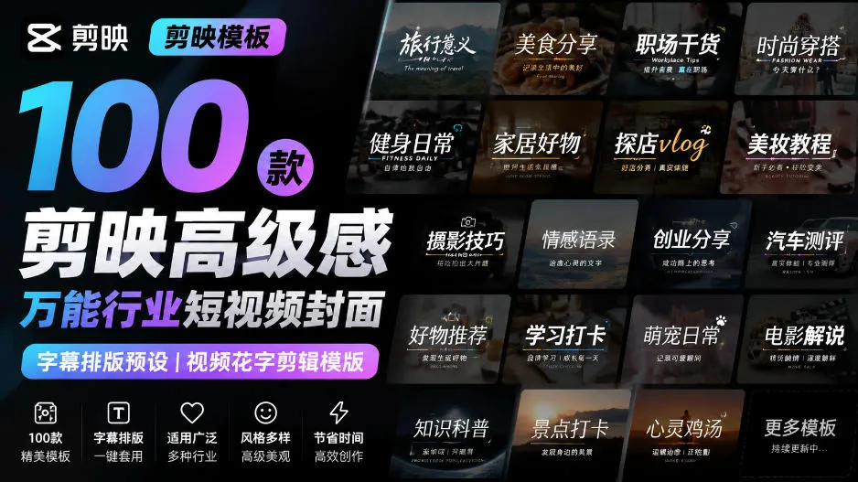 【剪映模板】100款剪映高级感万能行业短视频封面字幕排版预设视频花字剪辑模版-续财库