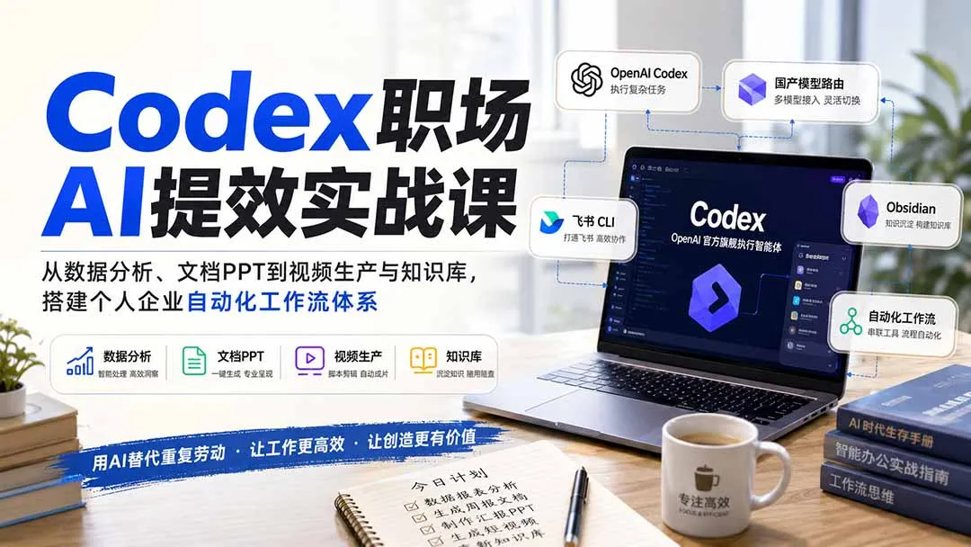 Codex职场AI提效实战课:从数据分析、文档PPT到视频生产与知识库,搭建个人企业自动化工作流体系-续财库