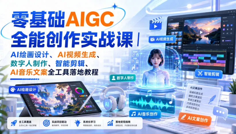 零基础AIGC全能创作实战课｜AI绘画设计、AI视频生成、数字人制作、智能剪辑、AI音乐文案全工具落地教程-续财库