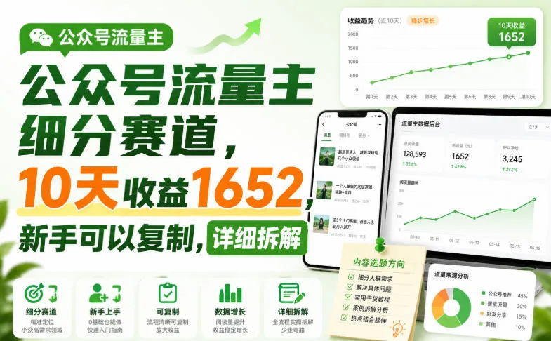 公众号流量主细分赛道,10天收益1652,新手可以复制,详细拆解-续财库