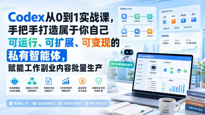 Codex从0到1实战课,手把手打造属于你自己可运行、可扩展、可变现的私有智能体,赋能工作副业内容批量生产-续财库