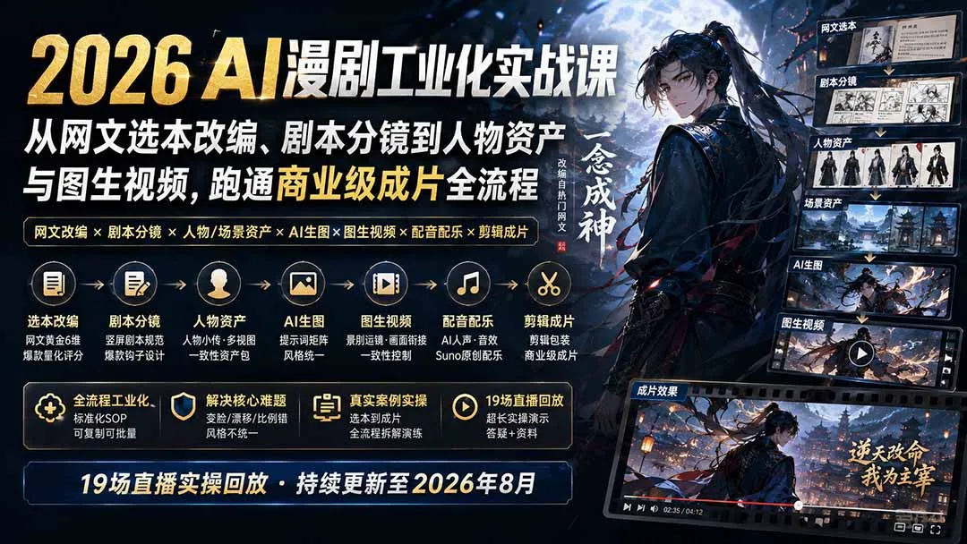2026 AI漫剧工业化实战课-更新:从网文选本改编、剧本分镜到人物资产与图生视频,跑通商业级成片全流程-续财库