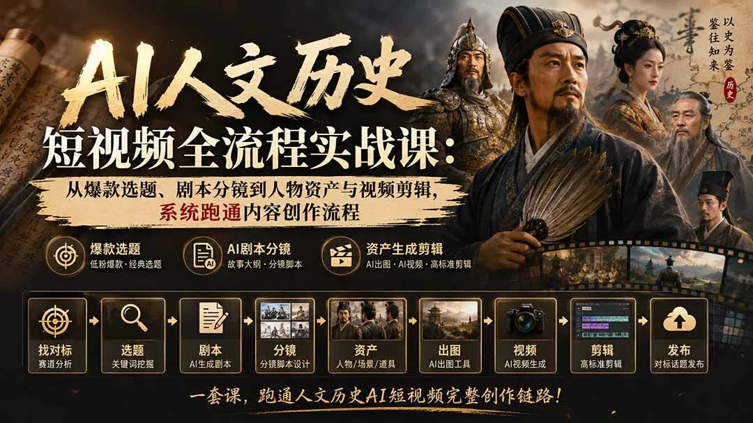 AI人文历史短视频全流程实战课:从爆款选题、剧本分镜到人物资产与视频剪辑,系统跑通内容创作流程-续财库