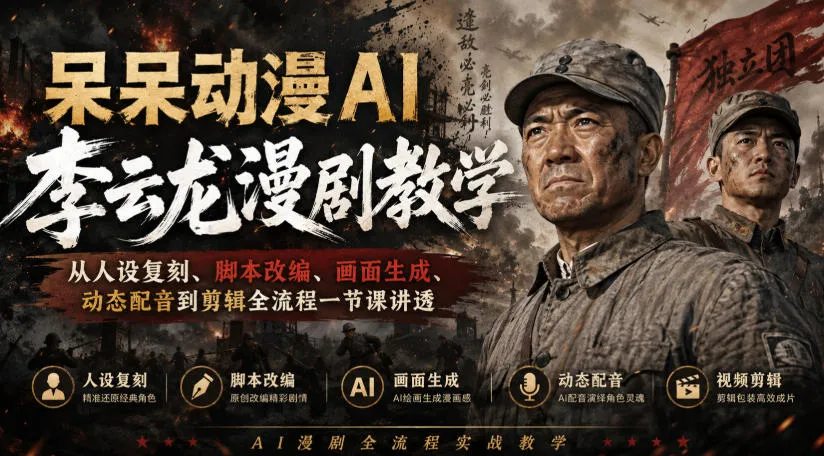 呆呆动漫AI李云龙漫剧教学，从人设复刻、脚本改编、画面生成、动态配音到剪辑全流程一节课讲透-续财库