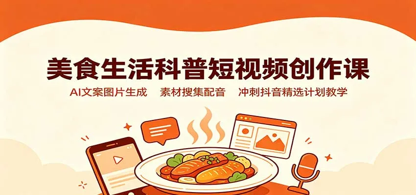美食生活科普短视频创作课：AI文案图片生成，素材搜集配音，冲刺抖音精选计划教学-续财库