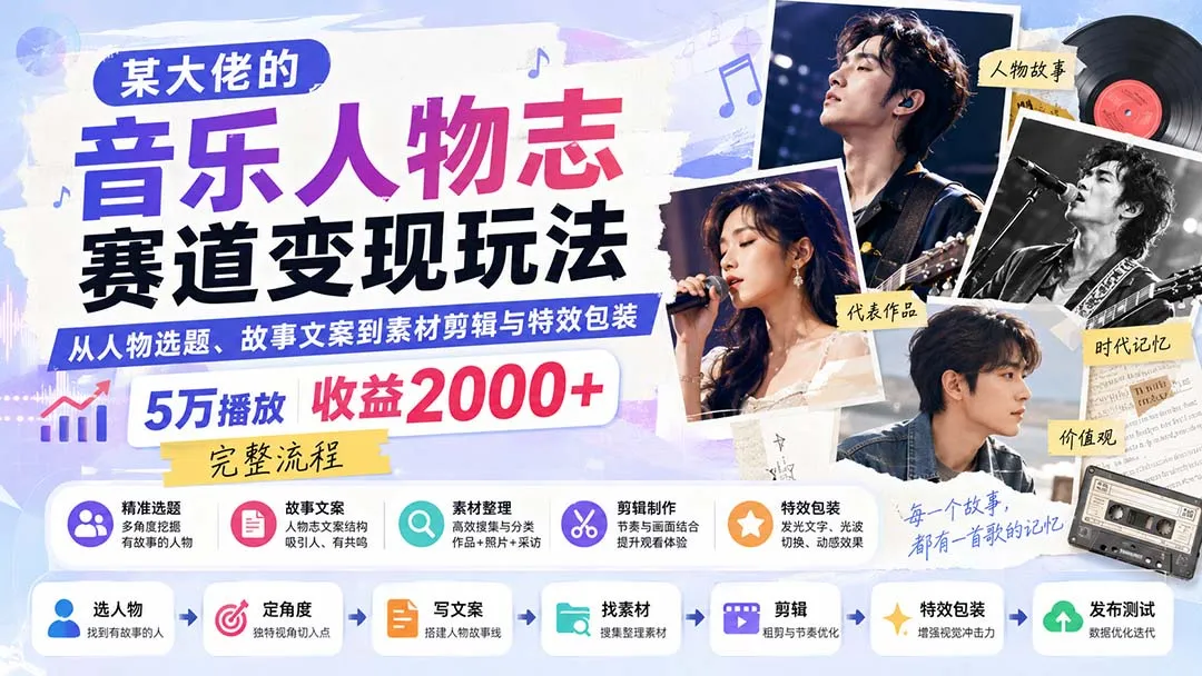 某大佬的音乐人物志赛道变现玩法:从人物选题、故事文案到素材剪辑与特效包装,5万播放收益2000+完整流程-续财库