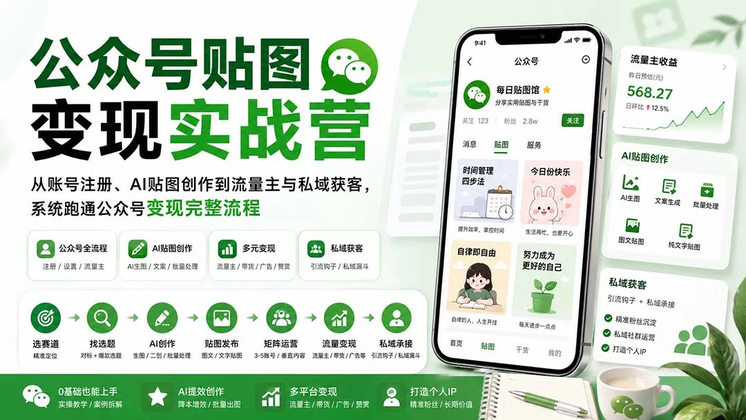 公众号贴图变现实战营:从账号注册、AI贴图创作到流量主与私域获客,系统跑通公众号变现完整流程-续财库