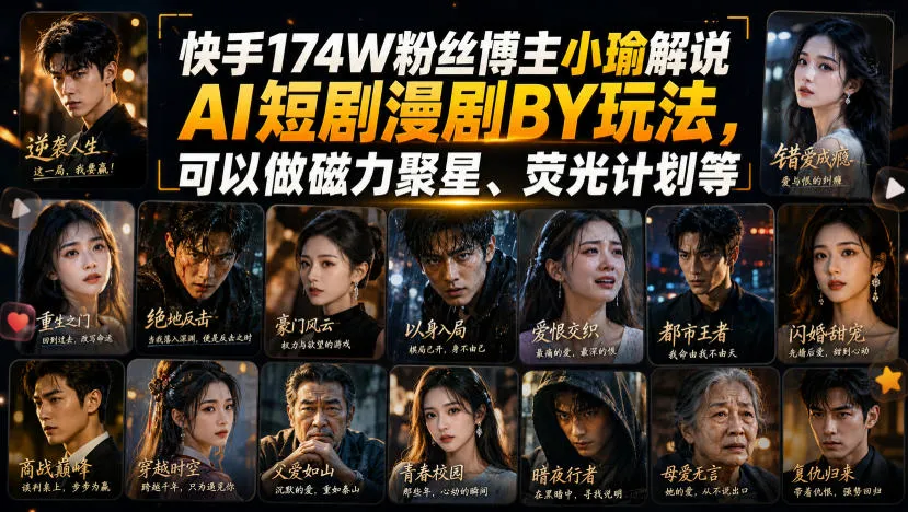 快手174W粉丝博主小瑜解说AI短剧漫剧搬运玩法,可以做磁力聚星、荧光计划等-续财库
