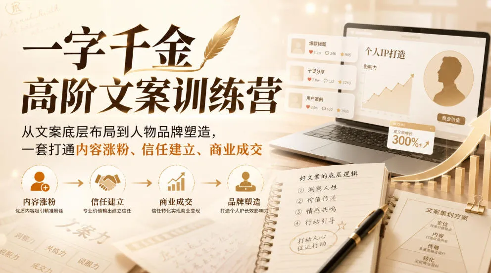 一字千金高阶文案训练营，从文案底层布局到人物品牌塑造，一套打通内容涨粉、信任建立、商业成交-续财库