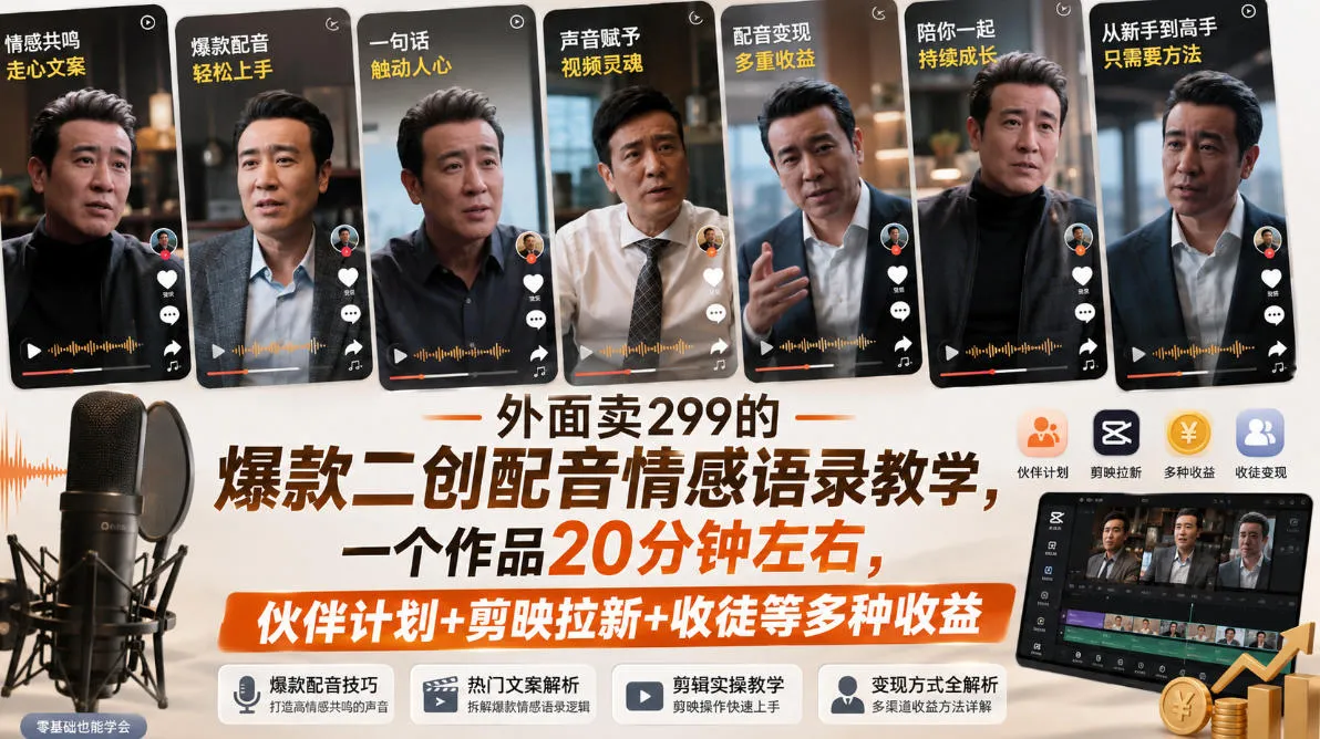 外面卖299的爆款二创配音情感语录教学,一个作品20分钟左右,伙伴计划+剪映拉新+收徒等多种收益-续财库