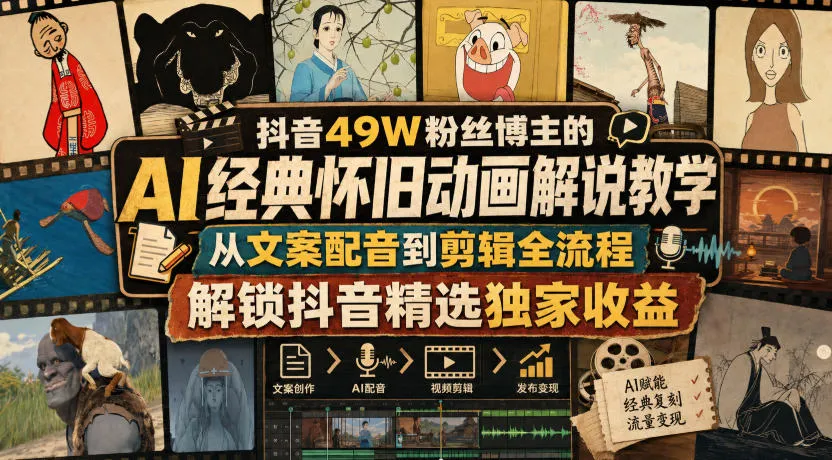 抖音49W粉丝博主的AI经典怀旧动画解说教学,从文案配音到剪辑全流程,解锁抖音精选独家收益-续财库
