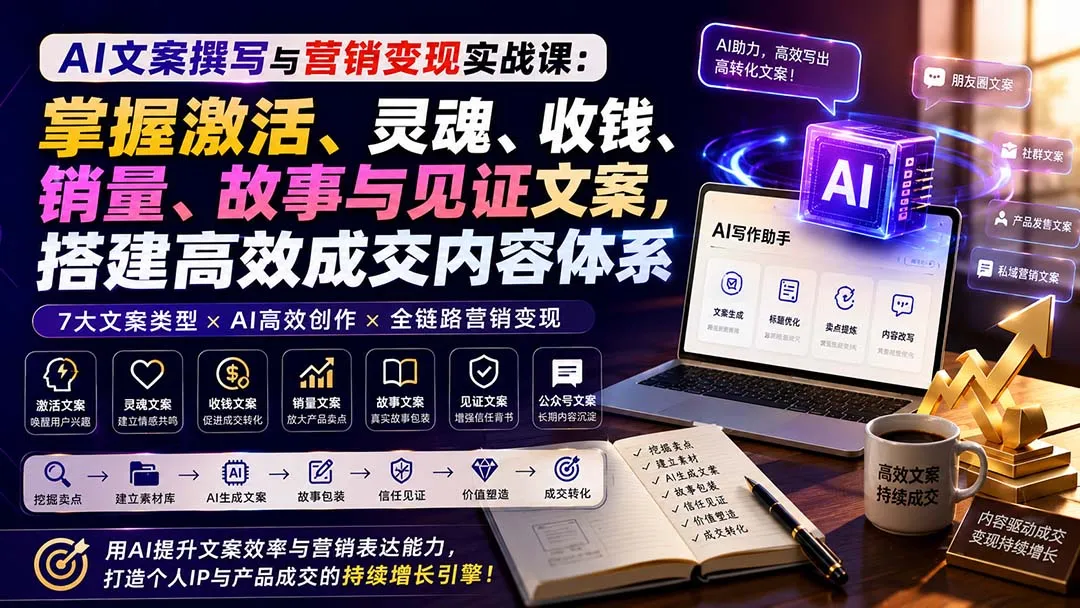 AI文案撰写与营销变现实战课:掌握激活、灵魂、收钱、销量、故事与见证文案,搭建高效成交内容体系-续财库