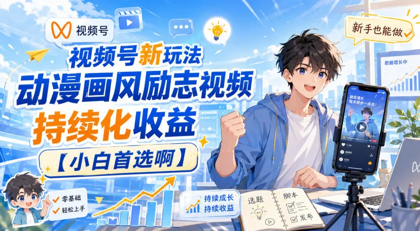 视频号新玩法动漫画风励志视频,持续化收益【小白首选啊】-续财库