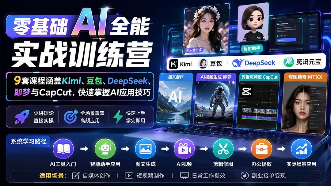 零基础AI全能实战训练营:9套课程涵盖Kimi、豆包、DeepSeek、即梦与CapCut,快速掌握AI应用技巧-续财库