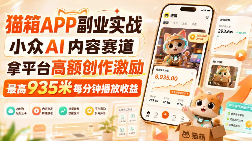 猫箱APP副业实战，小众AI内容赛道，拿平台高额创作激励，最高935米每分钟播放收益-续财库