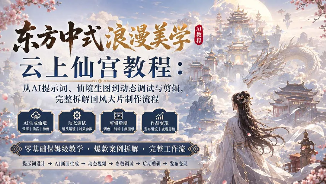 东方中式浪漫美学云上仙宫教程：从AI提示词、仙境生图到动态调试与剪辑，完整拆解国风大片制作流程-续财库