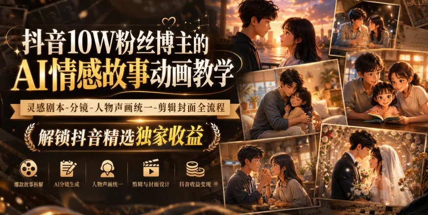 抖音10W粉丝博主的AI情感故事动画教学,灵感剧本‑分镜‑人物声画统一‑剪辑封面全流程,解锁抖音精选独家收益-续财库