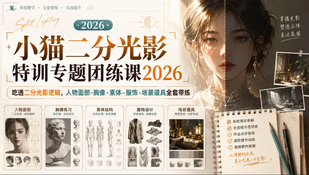小猫二分光影特训专题团练课2026|吃透二分光影逻辑,人物面部‑胸像‑素体‑服饰‑场景道具全套带练,高清画质附赠课件与笔刷-续财库