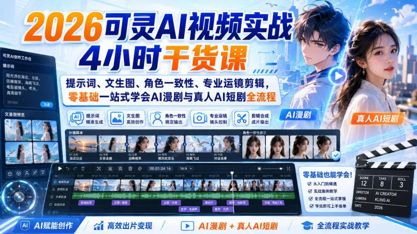 2026可灵AI视频实战4小时干货课｜提示词、文生图、角色一致性、专业运镜剪辑，零基础一站式学会AI漫剧与真人AI短剧全流程-续财库