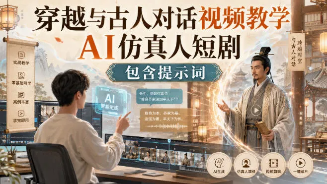 穿越与古人对话视频教学,AI仿真人短剧,包含提示词-续财库