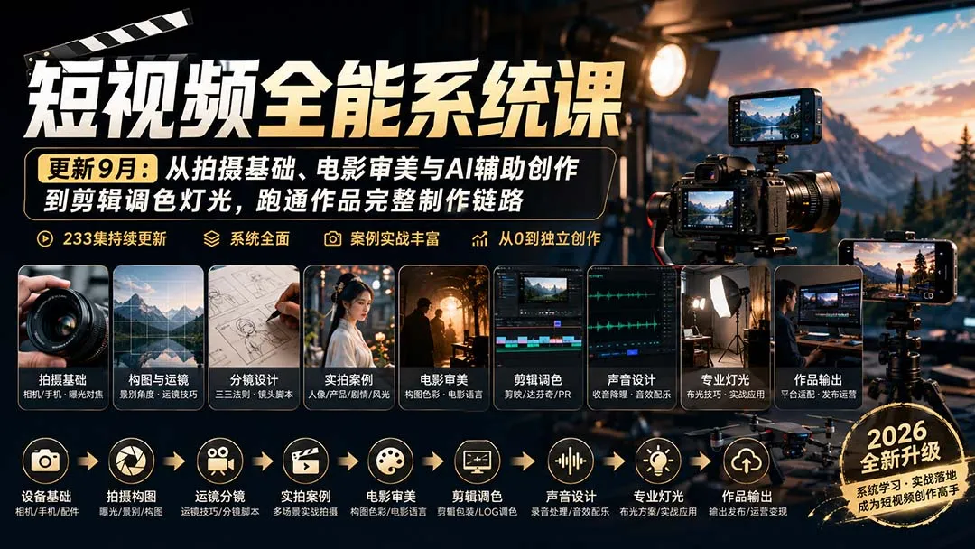 短视频全能系统课-更新8月233集：从拍摄基础、电影审美与AI辅助创作到剪辑调色灯光，跑通作品完整制作链路-续财库