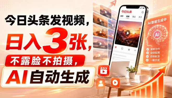 今日头条发视频，日入3张，不露脸不拍摄，AI自动生成-续财库