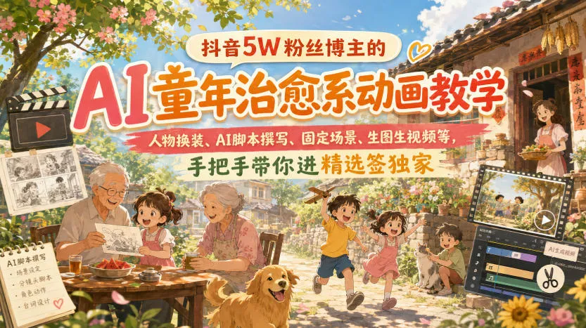 抖音5W粉丝博主的AI童年治愈系动画教学，人物换装、AI脚本撰写、固定场景、生图生视频等，手把手带你进精选签独家-续财库