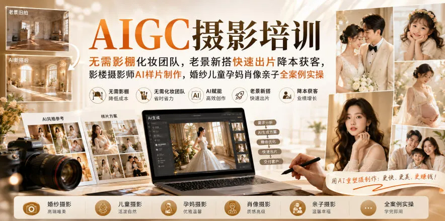 AIGC摄影培训｜无需影棚化妆团队，老景新搭快速出片降本获客，影楼摄影师AI样片制作，婚纱儿童孕妈肖像亲子全案例实操-续财库