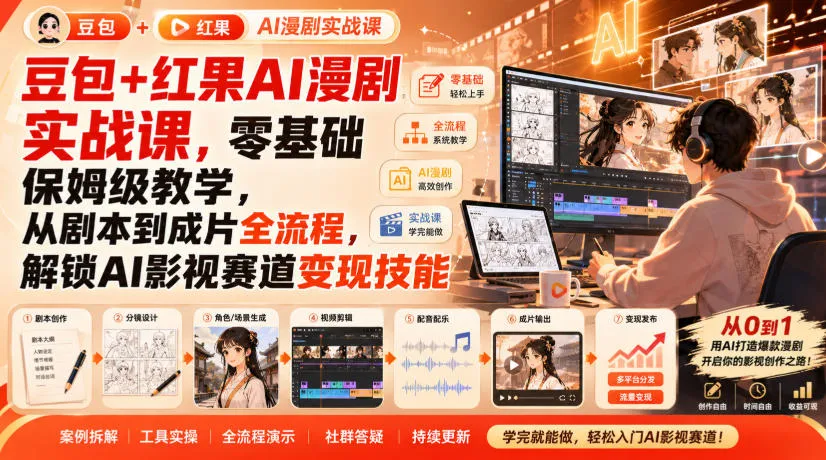 豆包+红果AI漫剧实战课,零基础保姆级教学,从剧本到成片全流程,解锁AI影视赛道变现技能-续财库